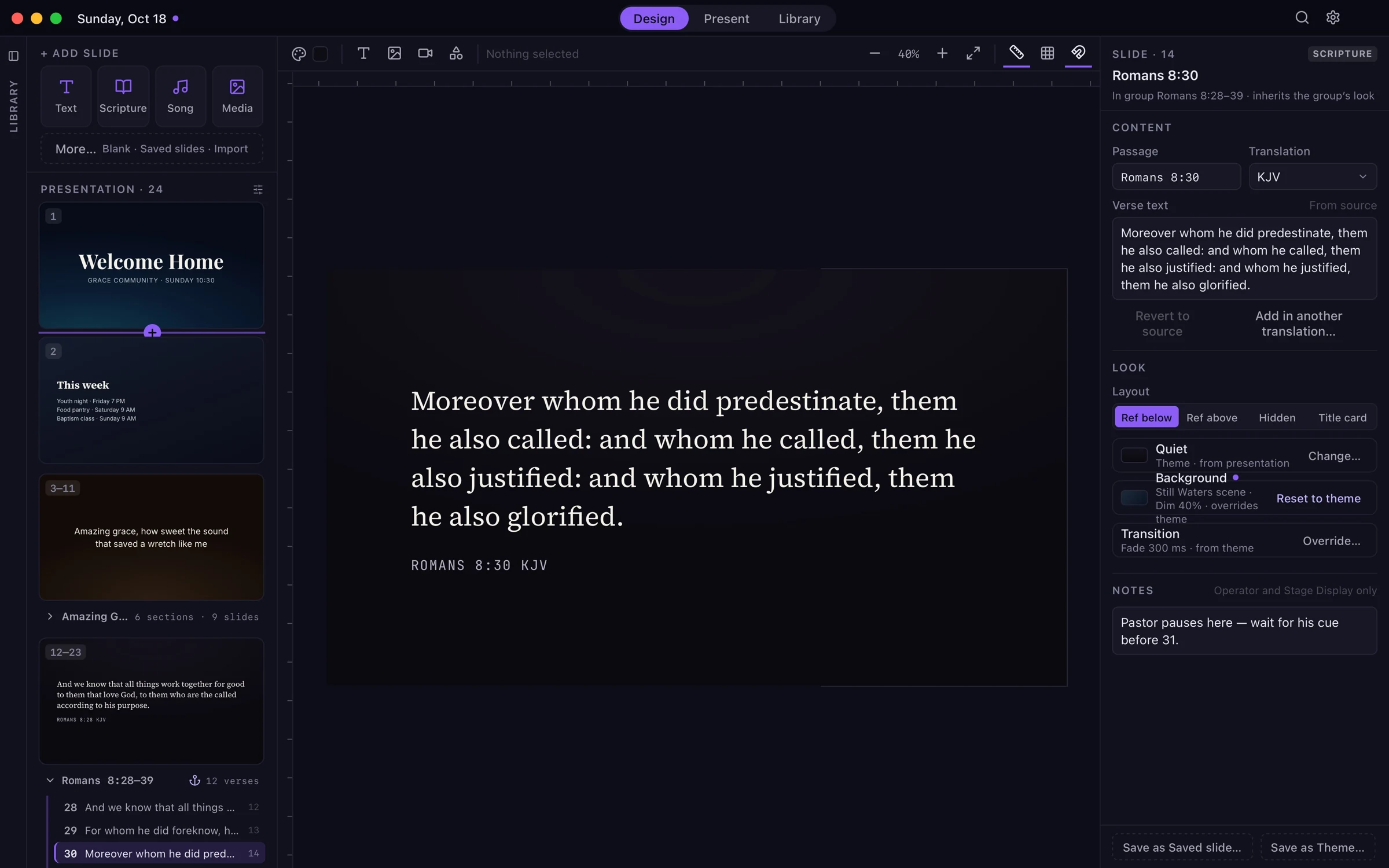 Guidepost Design workspace with scripture slides, a slide canvas, and formatting controls.