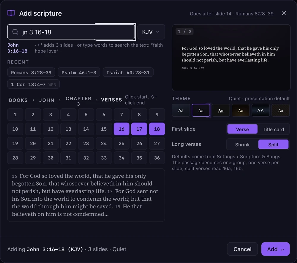 The Add scripture picker, showing John 3:16–18 and a preview of the selected verses.
