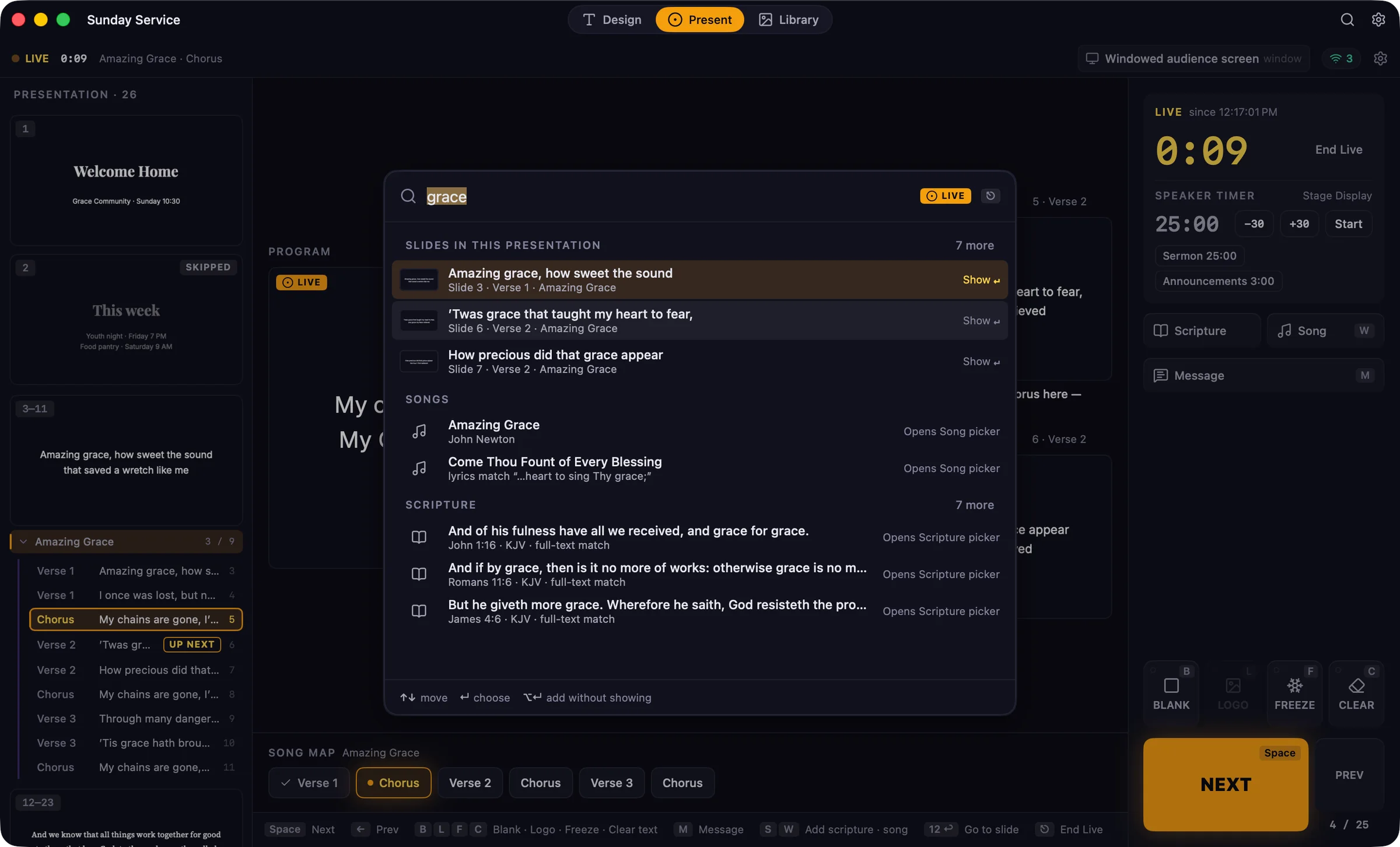 Search open over the Present workspace with “grace” typed, listing matching slides, songs, and scripture passages.
