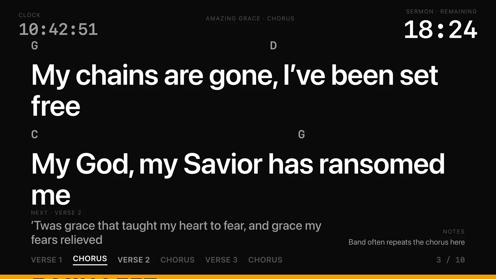 Stage display with current lyrics, the next verse, a clock, and the speaker’s remaining time.