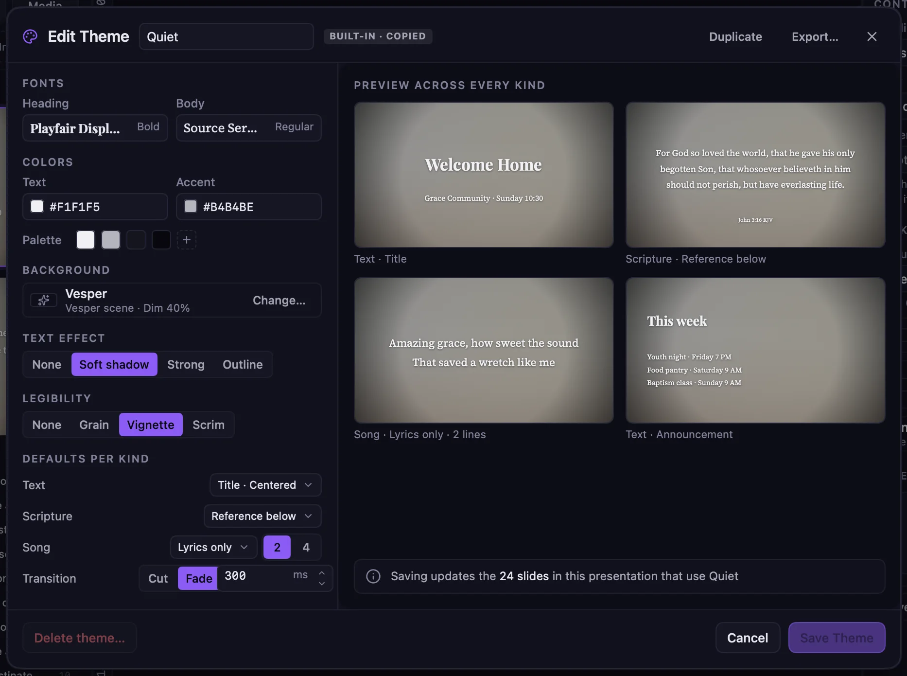 The Edit Theme sheet with fonts, colors, background, text effect, and per-kind defaults beside previews of a title, scripture, song, and announcement slide.